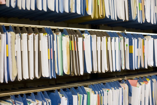 Rows of blue and black file folders filled with documents neatly organized in a filing cabinet.