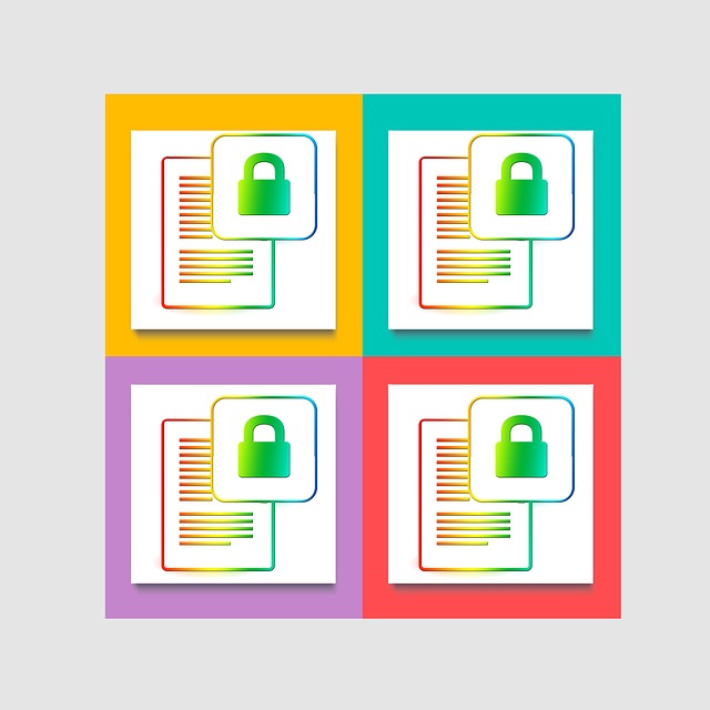 Four colorful icons showing documents with green padlocks, symbolizing secure files.