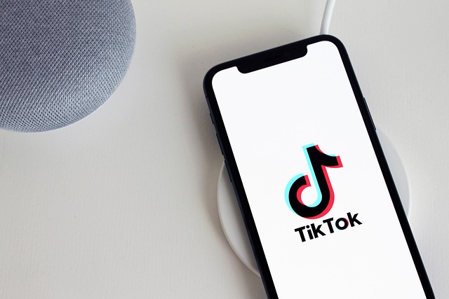 A smartphone displaying the TikTok app logo on its screen rests on a wireless charger next to a gray smart speaker.