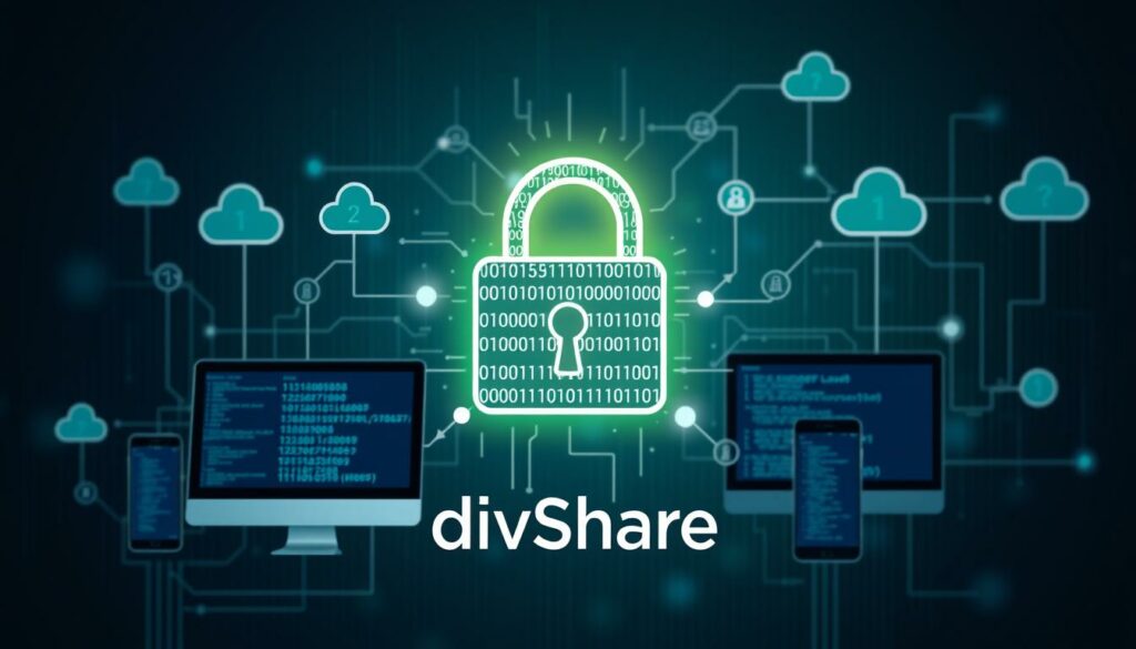 A digital security graphic featuring a glowing lock surrounded by binary code, cloud icons, and connected devices