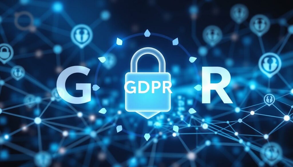 A GDPR lock icon with network connections on a blue background.