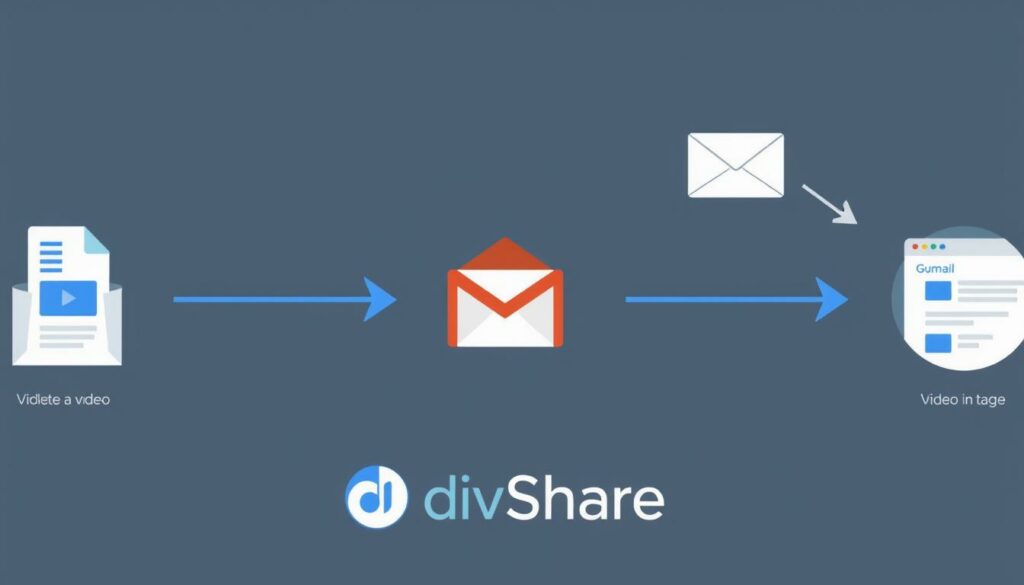 DivShare process illustration showing video file sharing via email to a web interface.