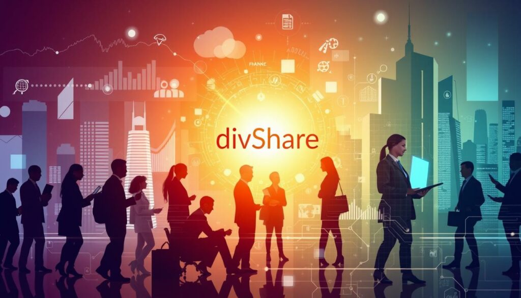 Silhouetted professionals interacting against a digital cityscape with 'divShare' text illuminated in the center.