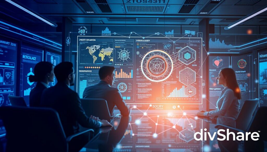 A team analyzing futuristic data dashboards in a high-tech conference room, highlighting cybersecurity insights.