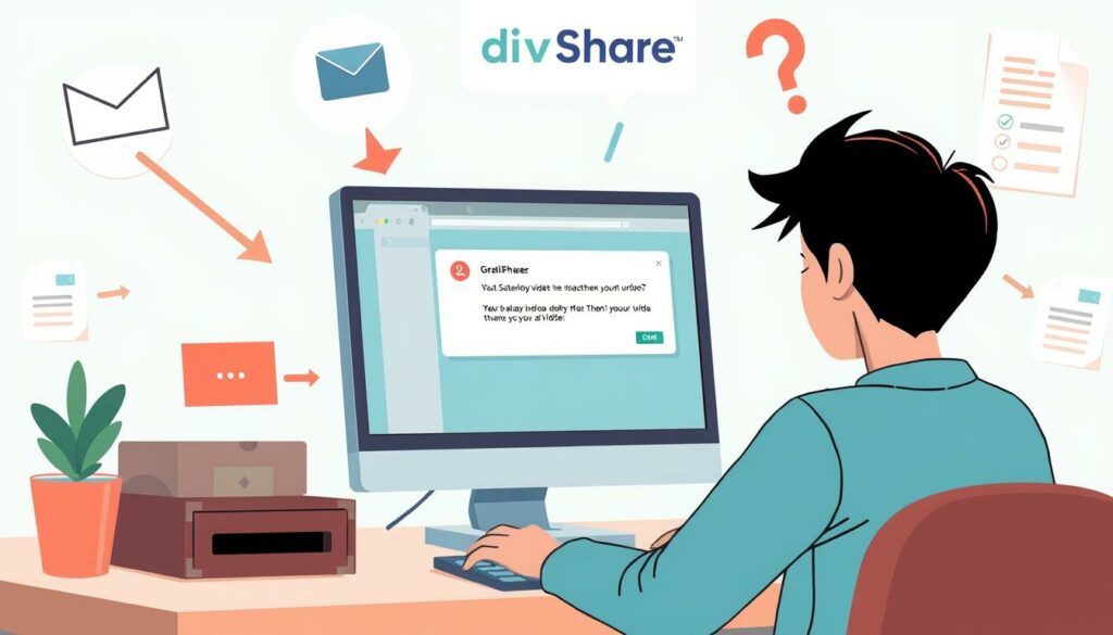 An illustration of a person using DivShare on a computer with icons representing email and file sharing.