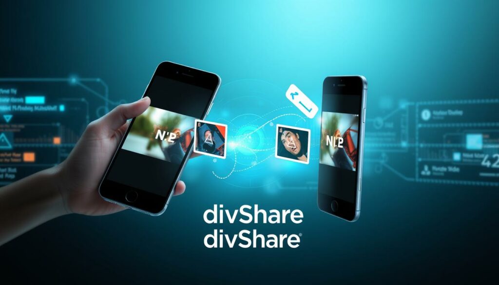 Two smartphones doing high quality video transfer through air drop with futuristic graphics.