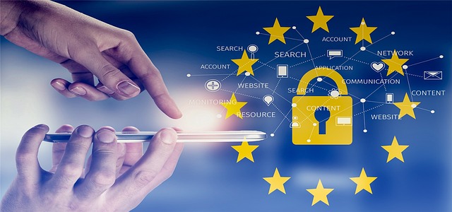 Hands holding a smartphone with GDPR lock icon and EU stars, connected to data terms.