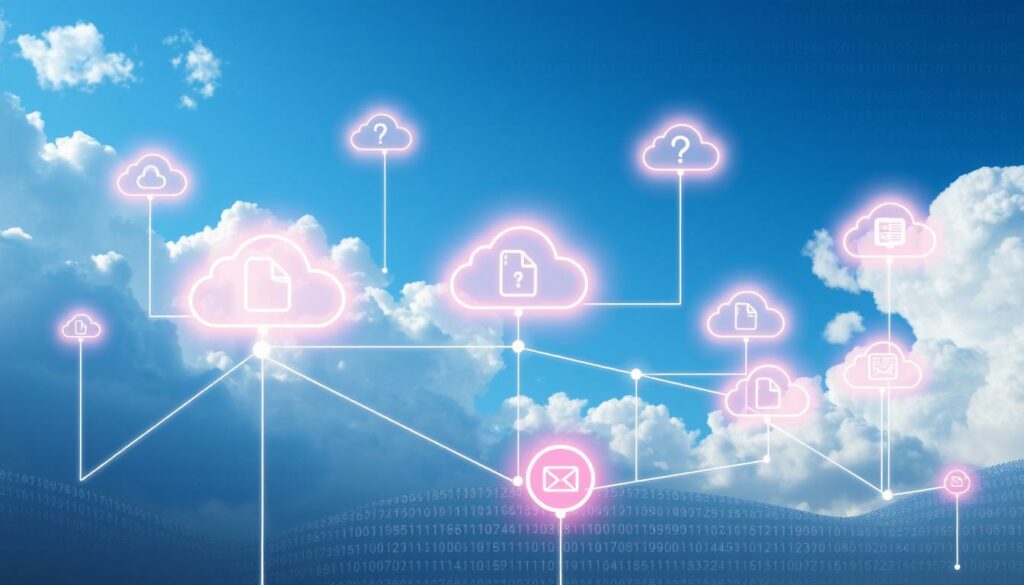 A cloud-based network with glowing cloud icons, file sharing, and data connections against a blue sky background.