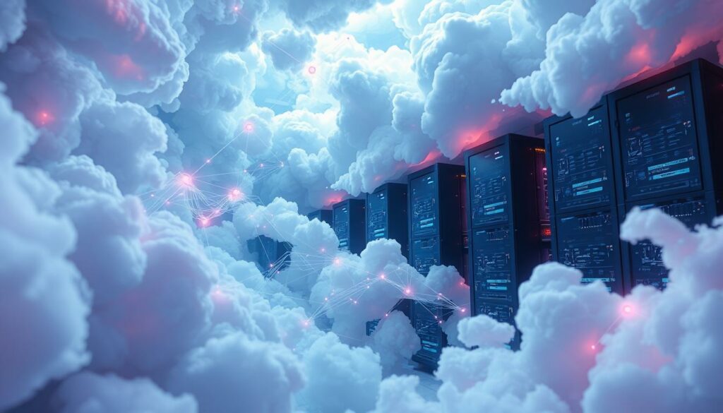 Server racks surrounded by fluffy clouds with glowing network connections, symbolizing cloud computing and data storage