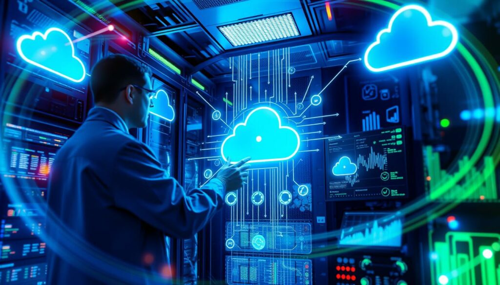 A person interacting with glowing cloud icons in a futuristic server room, symbolizing cloud computing and data management.