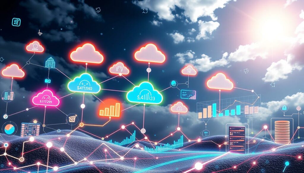 Glowing cloud icons connected by data lines, charts, and graphs, representing cloud computing and analytics.