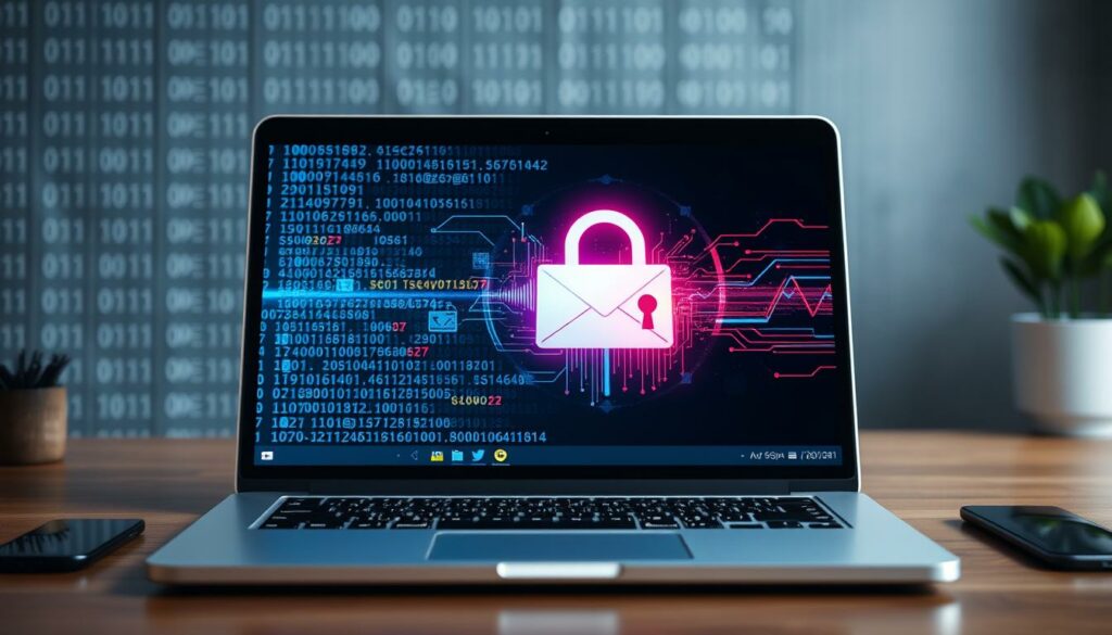 A laptop displaying a locked envelope icon on the screen, symbolizing cybersecurity and data protection.