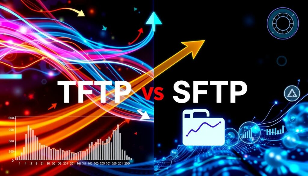 A comparison graphic of TFTP vs SFTP with colorful data streams, arrows, and icons representing file transfer and analytics.