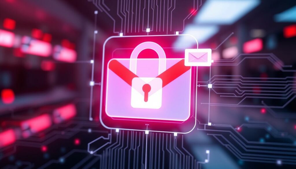 A digital illustration of a secure envelope icon with a padlock, representing email encryption and cybersecurity.