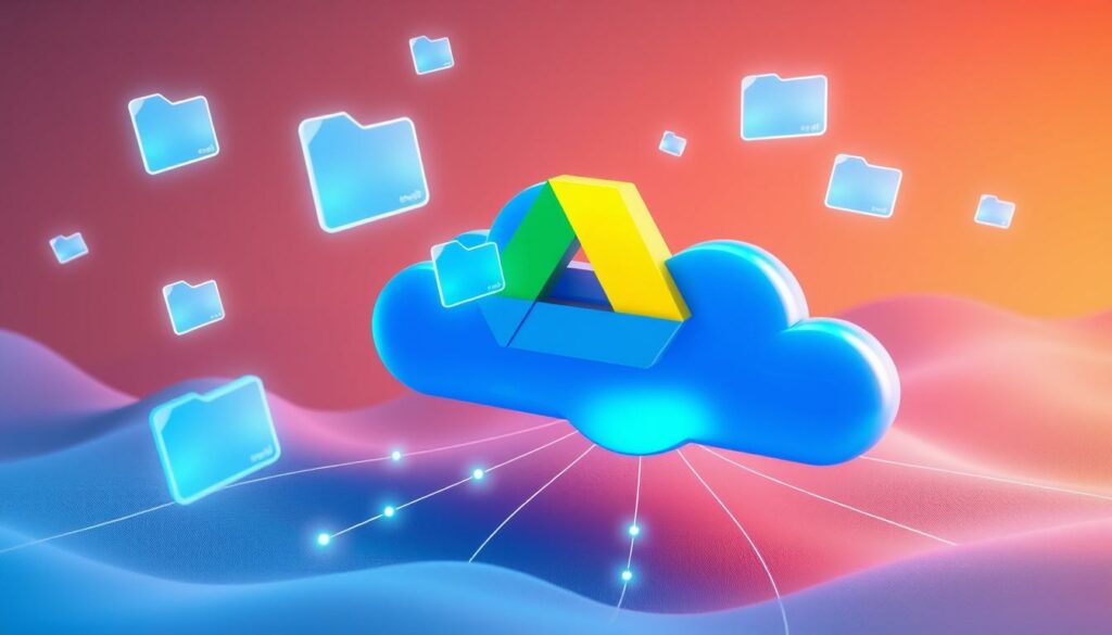 A cloud storage icon with floating folders, symbolizing digital organization and file sharing.