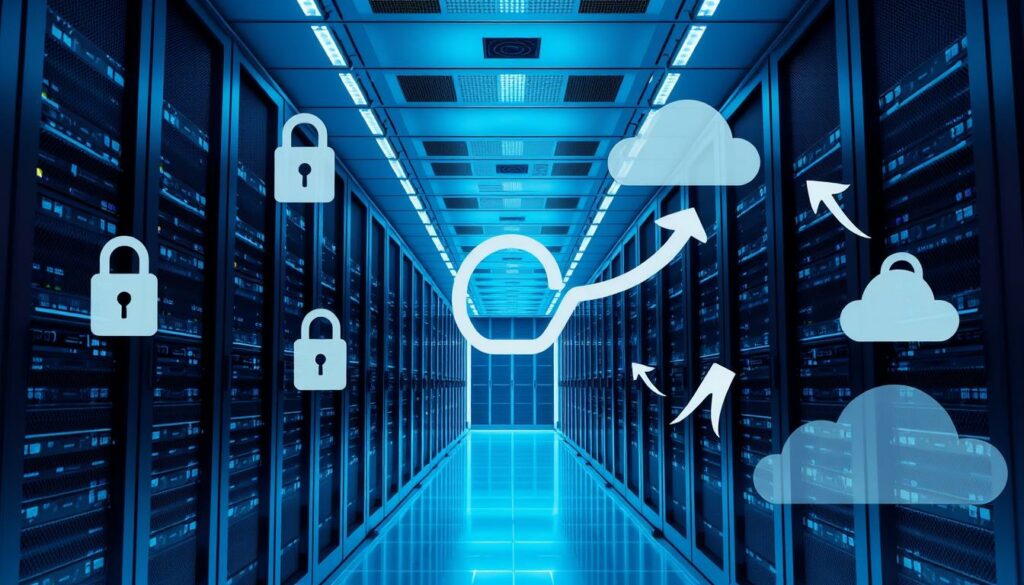 A server room with cloud icons, padlocks, and arrows, symbolizing secure cloud storage and data transfer.