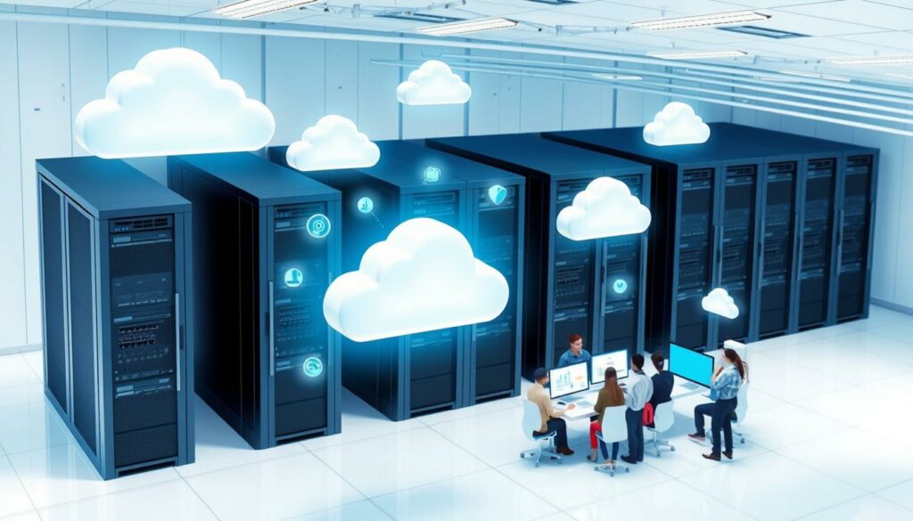 A data center with glowing cloud icons above servers and people working, symbolizing cloud computing and teamwork.