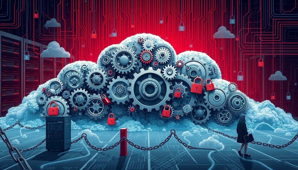 Interconnected gears and clouds, with red padlocks symbolizing cybersecurity, data protection, and cloud infrastructure.