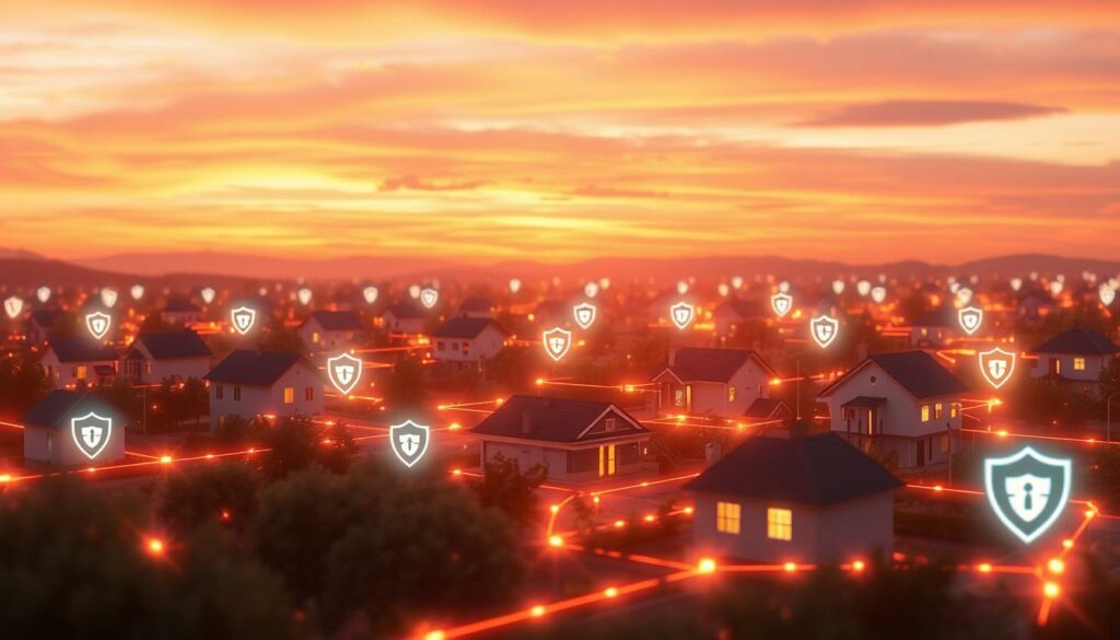 A glowing network of connected homes with security shields, set against a vibrant sunset.