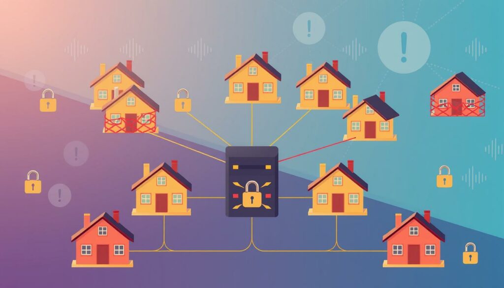 An illustration of connected homes secured by a central lock system, highlighting network vulnerabilities.