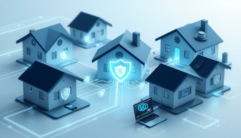 Smart homes connected with glowing security shields and a network laptop.