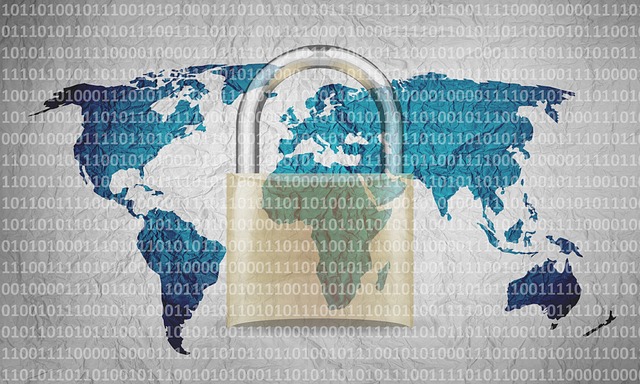 A padlock overlaying a world map, surrounded by binary code, representing global cybersecurity and data protection.