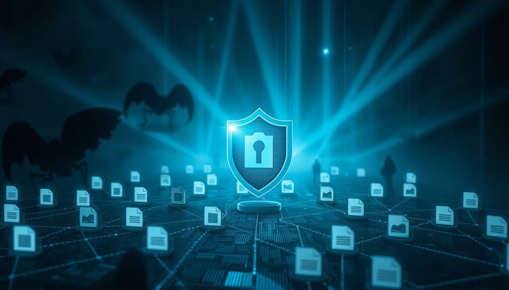 A digital security concept with a shield icon, encrypted files, and a network grid illuminated in blue light.