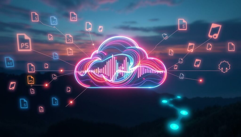 A glowing neon cloud surrounded by digital file icons, symbolizing cloud storage, data sharing, and digital connectivity.