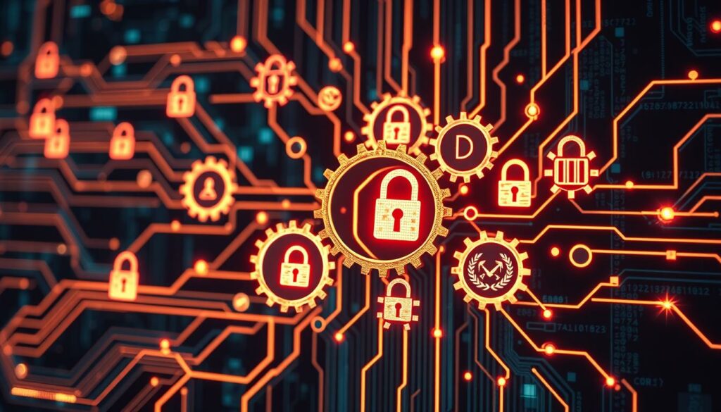 A digital illustration of cybersecurity with padlocks and circuits, symbolizing compliance frameworks and security standards.