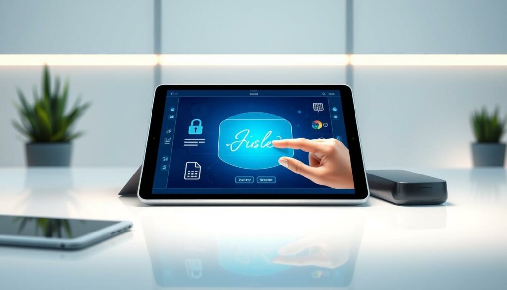 A tablet displaying a digital signature interface with a hand signing on the screen.