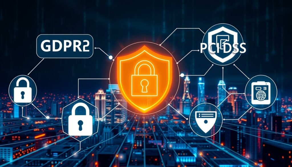 An illustration of cybersecurity with GDPR2 and PCI DSS icons, representing compliance frameworks and data protection standards.