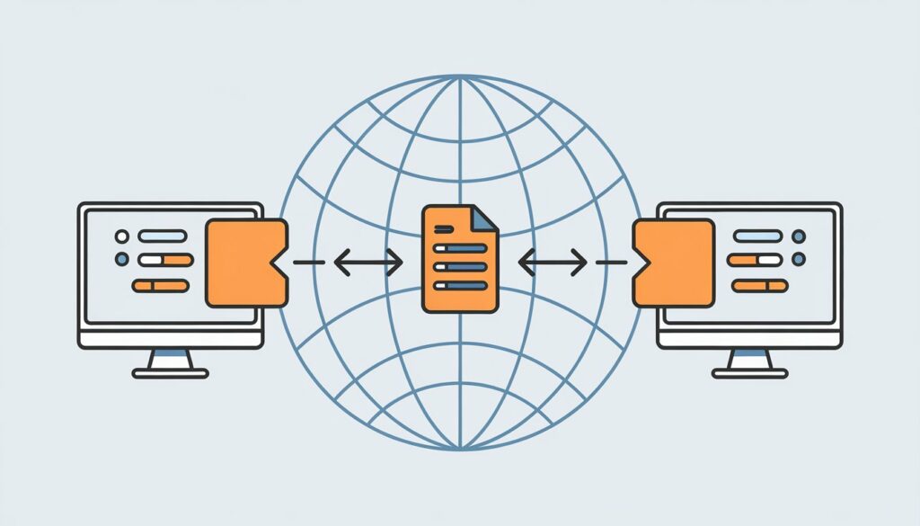 An illustration of peer-to-peer (P2P) file sharing, showing two computers exchanging files over a global digital network.