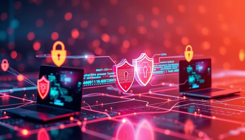 Visualization of P2P file sharing with laptops connected in a digital network, featuring cybersecurity shields and padlocks.