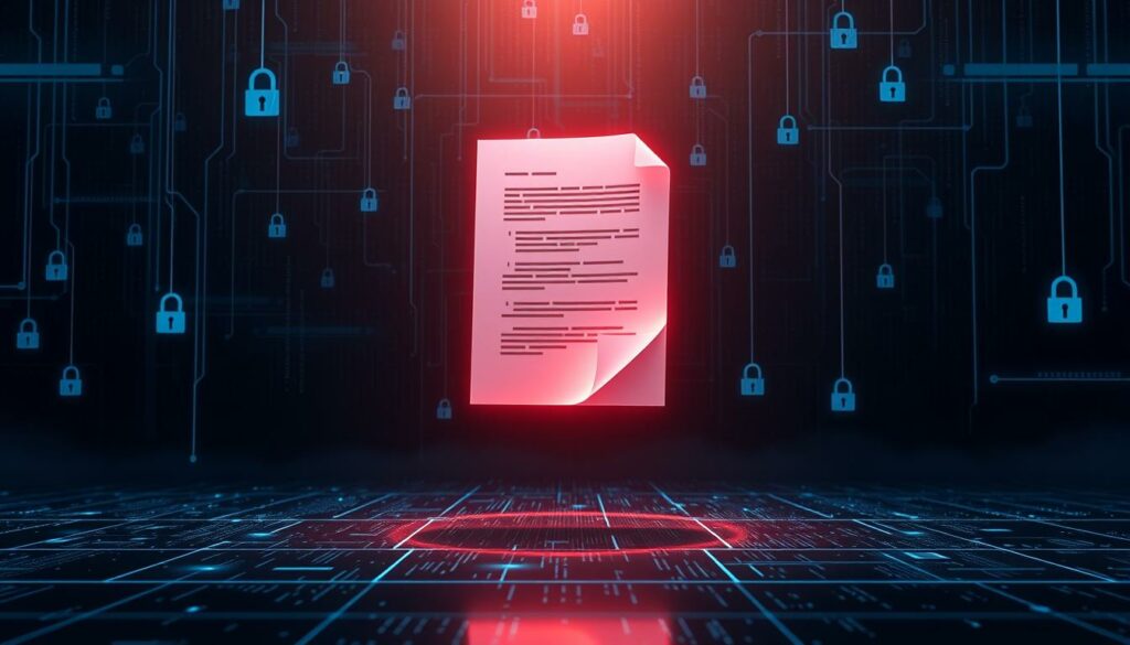 A glowing digital document surrounded by security locks, symbolizing data encryption, cybersecurity, and secure file sharing.