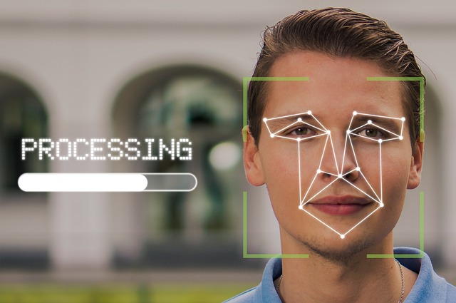 A face recognition process with geometric lines, highlighting biometric security as part of Two-Factor Authentication.