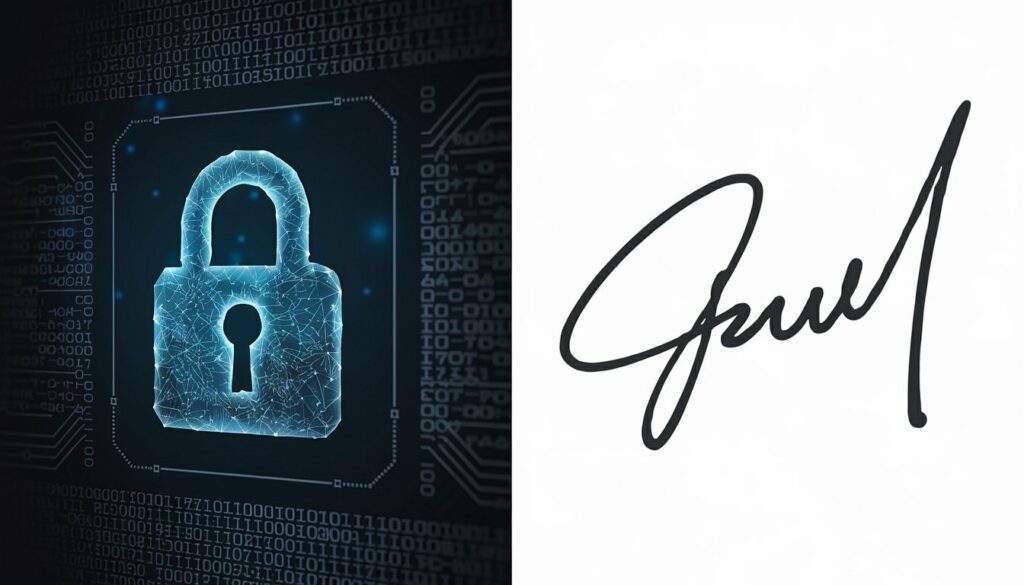 A security lock on the left and a handwritten signature on the right, representing cybersecurity and electronic signatures.