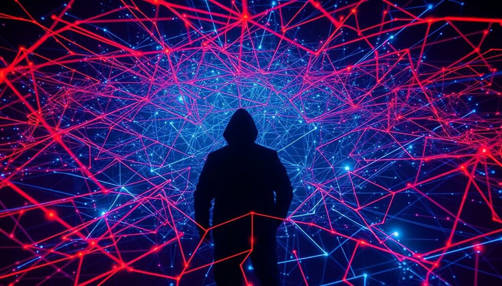 A hooded figure stands in front of a glowing network of red and blue digital lines, symbolizing cybersecurity or hacking.