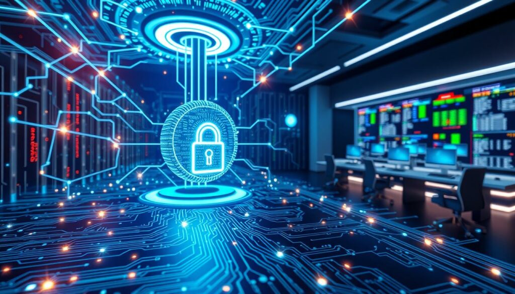 A digital padlock glowing in a cybersecurity control room.