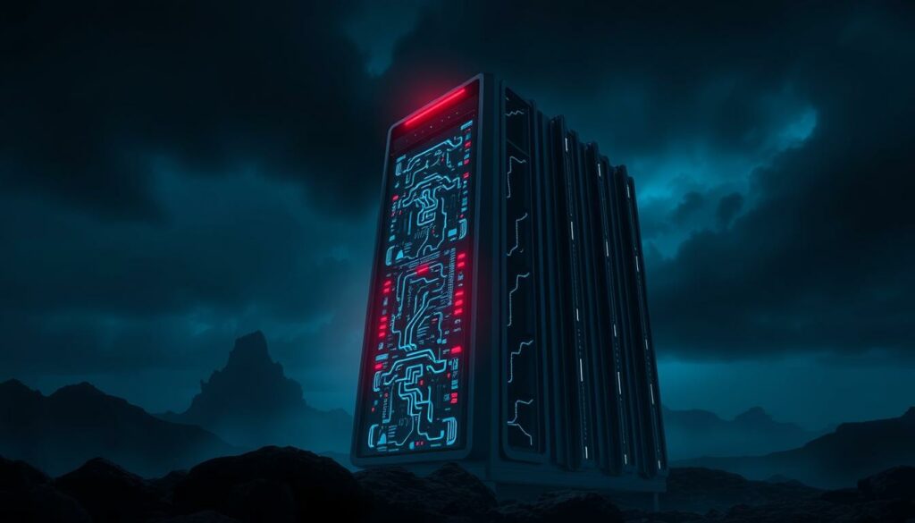 Futuristic firewall tower glowing in a dark landscape, symbolizing advanced network security and cyber protection.