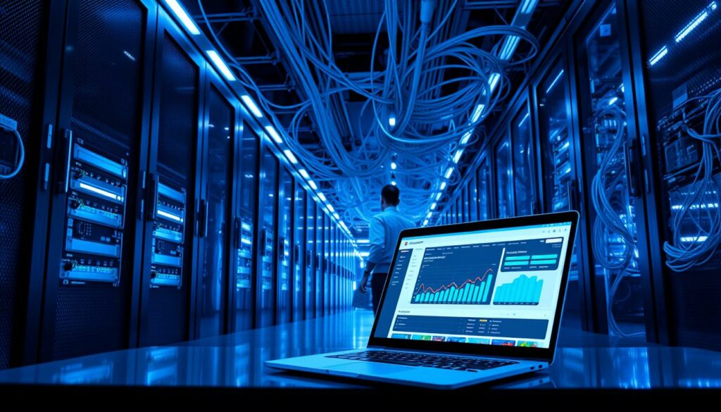 A laptop displaying analytics in a high-tech data center.