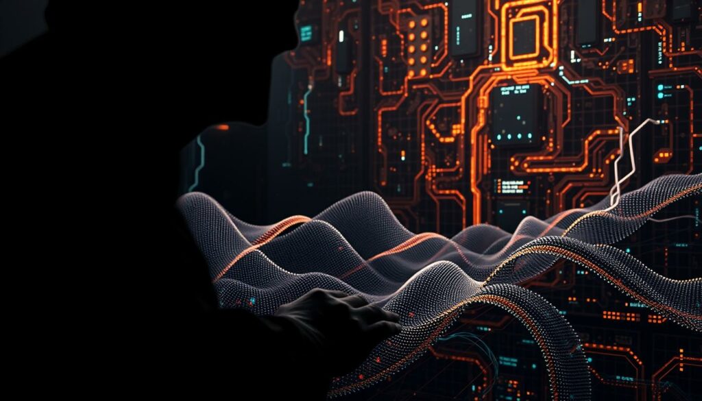 A silhouette interacting with digital data waves in front of a glowing circuit board, symbolizing cyber activity or hacking.