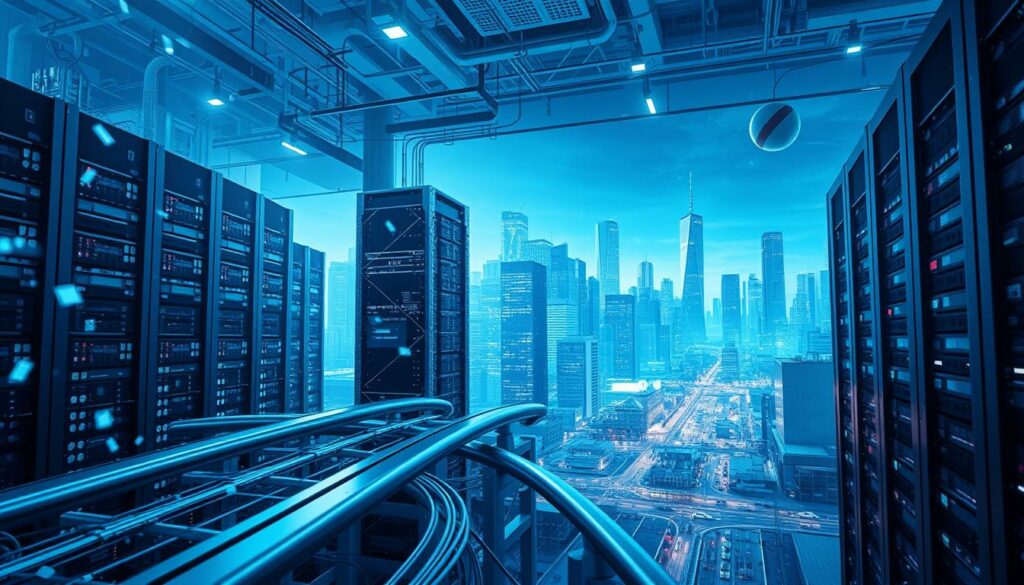 Futuristic data center with proxy servers connected to a smart city network, symbolizing secure and fast data routing.