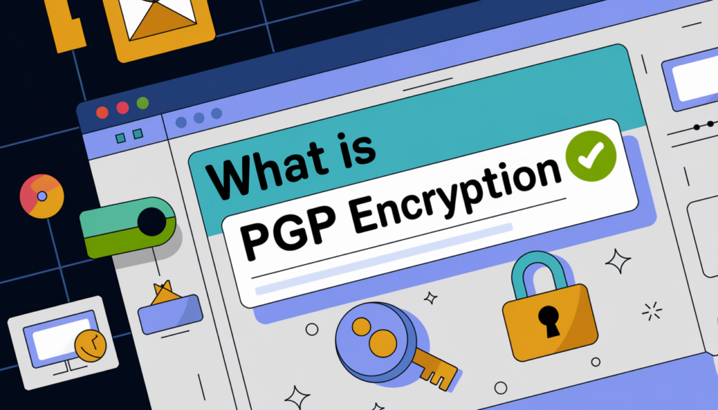 Illustration of a browser window asking "What is PGP Encryption?" with icons of a key, padlock, and security symbols.