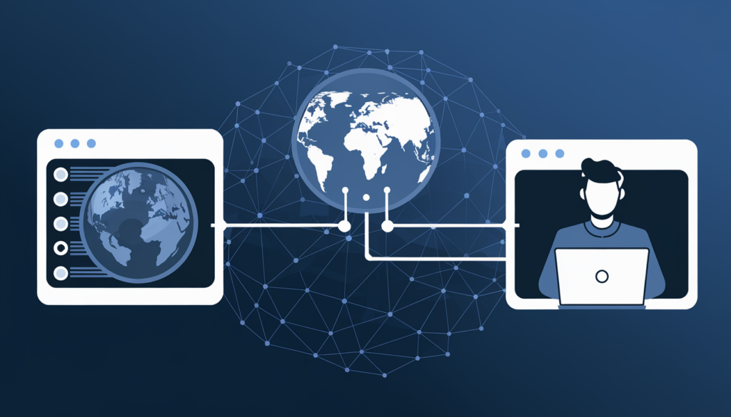 Illustration of a proxy server routing internet traffic securely between a user and the web through a global network.