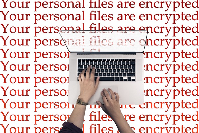 A person types on a laptop with repeated red text in the background reading "Your personal files are encrypted.